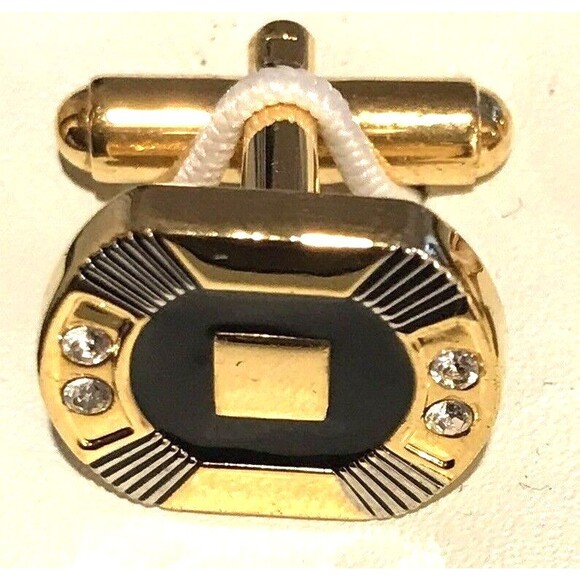 Stafford Cuff Links Black Stone and Rhinestone Gold Tone Vintage - Picture 2 of 3